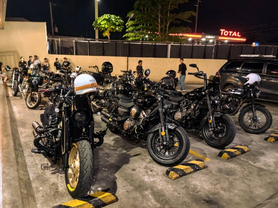 RBL motorcycles parked together at night